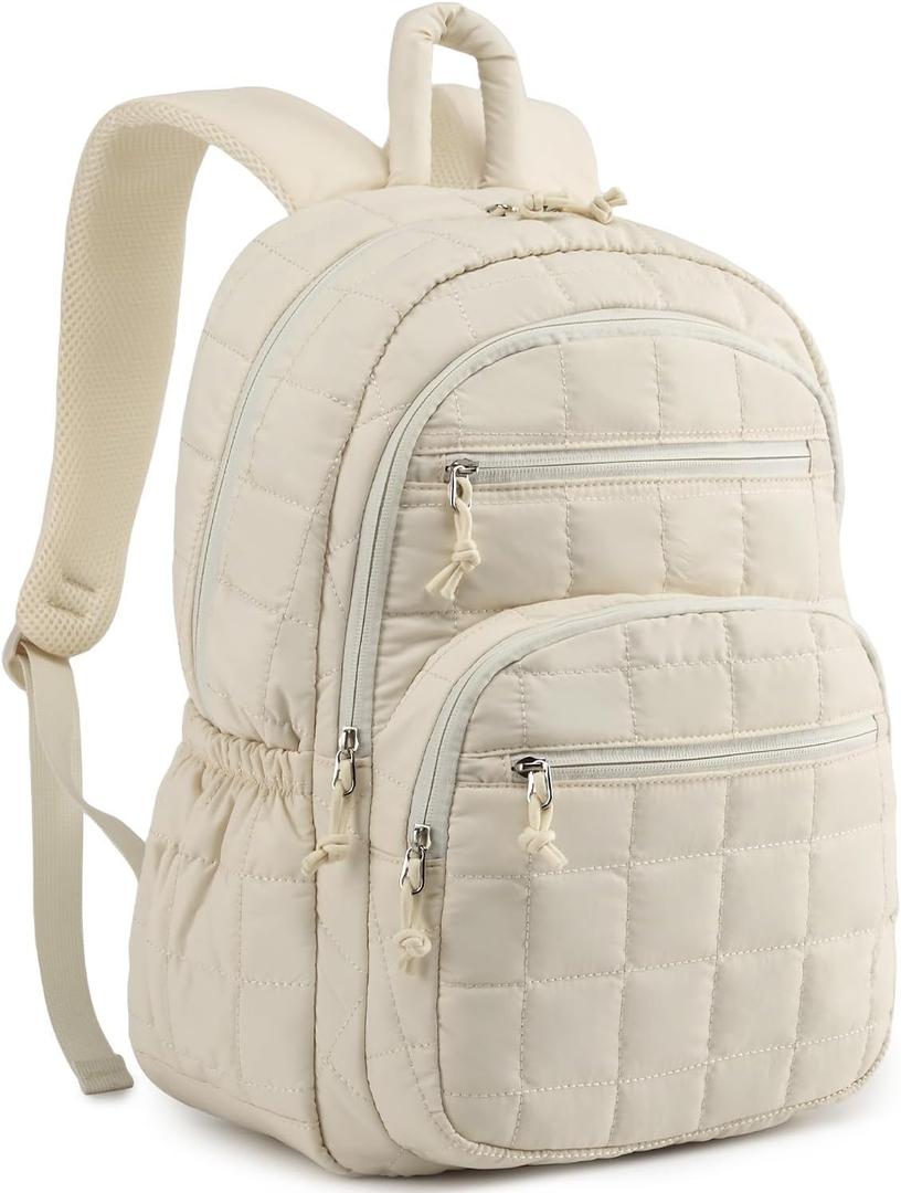 Cute School Backpacks for Teen Girls, 15.6in Laptop Backpack for College Women Bookbag Quilted Computer Bag for Work Casual, Beige
