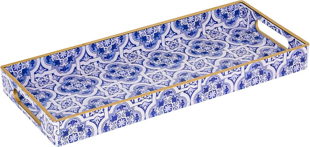 MAONAME Blue Decorative Tray, Plastic Serving Tray with Handles, Rectangular Moroccan Trays, Long Narrow Trays for Bathroom, Kitchen Counter, 13.8" X 6" X 1.57"