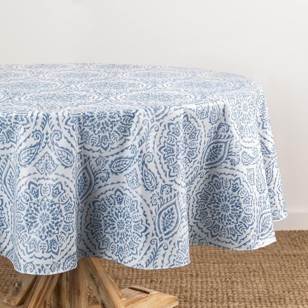 Elrene Home Fashions Savannah Boho Paisley Water- and Stain-Resistant Vinyl Tablecloth with Flannel Backing, 60 Inches X 84 Inches, Oval, Blue (84" x 60" (Oval))