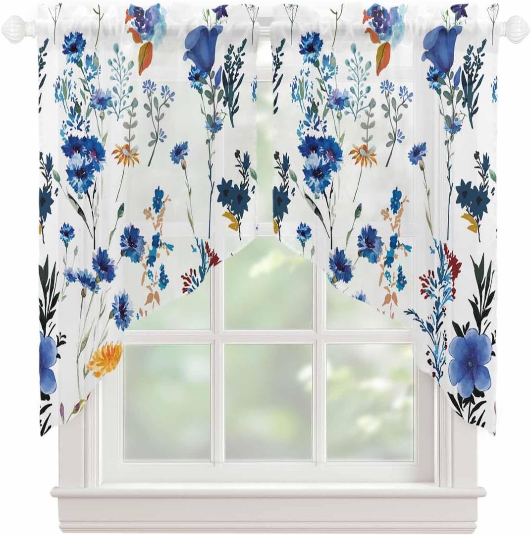 Floral Semi Sheer Curtains Swag Valances, Spring Blue and Yellow Flower Simple White Background Rod Pocket Swag Curtains, Sheer Short Window Swags for Kitchen Bedroom, 2 Panels, 36x36 Inches