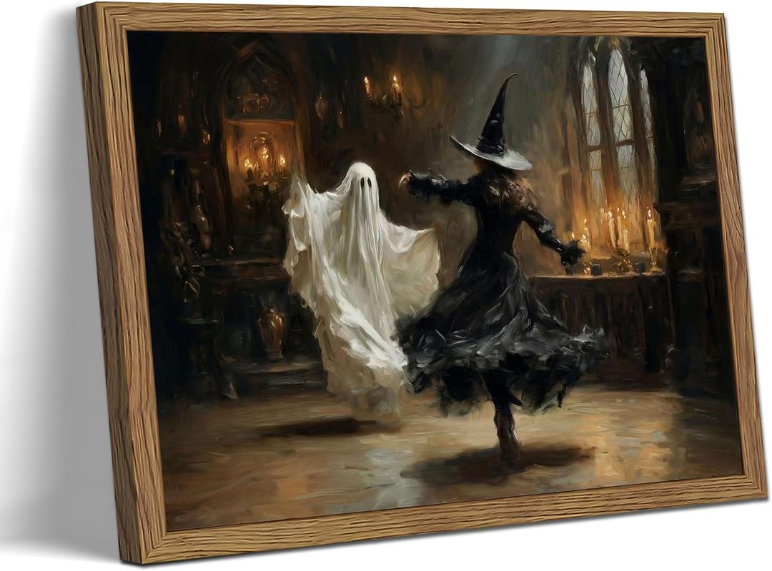 Framed Halloween Witch Wall Art - Witch Dancing with Ghost Canvas Print, Vintage Gothic Dark Academia Halloween Wall Decor for Bedroom Living Room, 16x24in Wood Frame