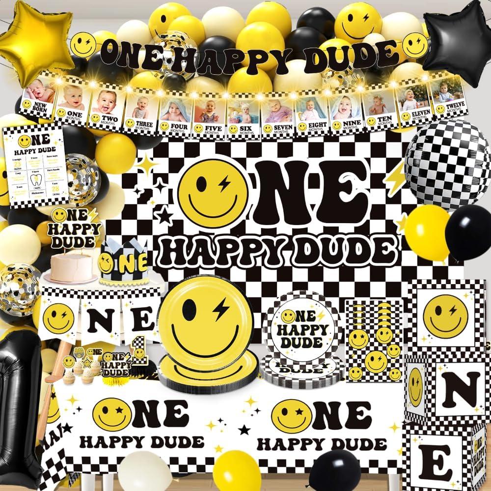 199pcs One Happy Dude Birthday Decorations, All-in-1 One Happy Dude Supplies Pack with 20pcs Plates, Napkins, 2pcs Tablecloth, Balloon Arch for First Birthday Decorations for Boy, 20 Guests