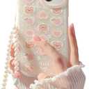 Fycyko Compatible with iPhone 13 Case Cover Cute Women,Bear Love Heart Pattern with Pearl Strap Bracelet Chain Sparkly Phone Case Camera Protect