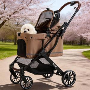 All-Terrain Dog Stroller for Small to Medium Dogs, Pet Stroller for Dogs & Cats Outdoor Walks, One-Hand Easy Fold, Double-Layer Anti-UV & Waterproof Canopy & Breathable Mesh, Mocha Brown