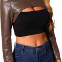 Allegra K Women's Faux Leather Cropped Top Stand Collar Zipper Front Moto Biker Long Sleeve Jacket Coat (Brown, L)