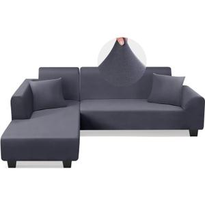 L Shape Sofa Couch Covers Super Stretch 2pcs, 3 + 3 Seaters Sectional Chaise Slipcover with 2pcs Pillow Covers for Pets Kids, Light Grey