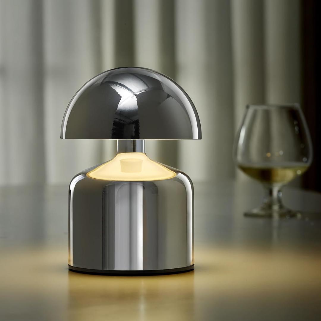 Modern Cordless Mushroom Small Table Lamp Touch LED Lamps, 3-Way Dimmable Bedside Nightstand Lamp Mini Rechargeable Night Light for Bedroom, Living Room (Silver)