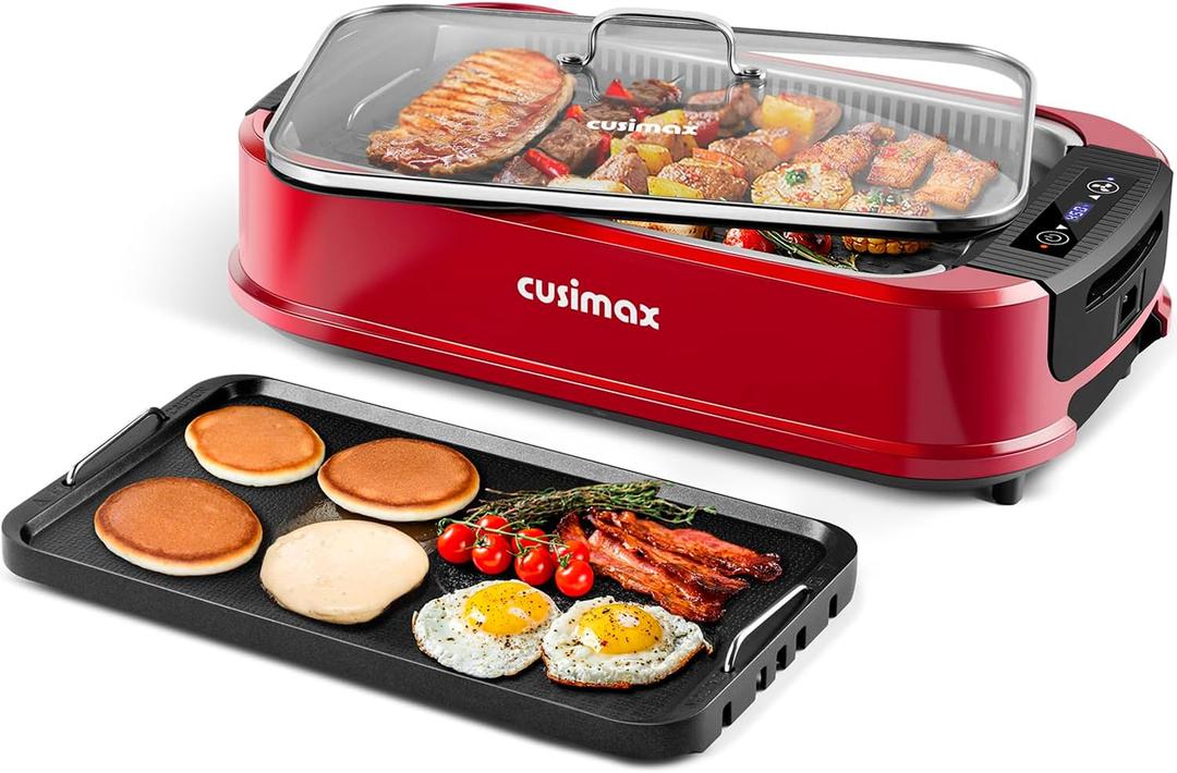 CUSIMAX Smokeless Indoor Grill, Electric Grill Griddle, 1500W Korean BBQ Grill with LED Smart Display & Tempered Glass Lid, Non-stick Removable Plate & Griddle Plate, Red