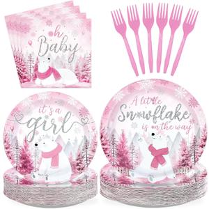 200Pcs Pink Winter Little Snowflake Baby Shower Decorations A Little Snowflake Is on the Way Plates and Napkins Baby lts Cold Tableware Set for Winter girl Baby Shower Gender Reveal Supplies Serves 50
