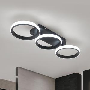 Modern LED Ceiling Light, 3-Round Rings Flush Mount, 30W 6000K Cool White, Bedroom Living Room Kitchen Office Lighting (Black)