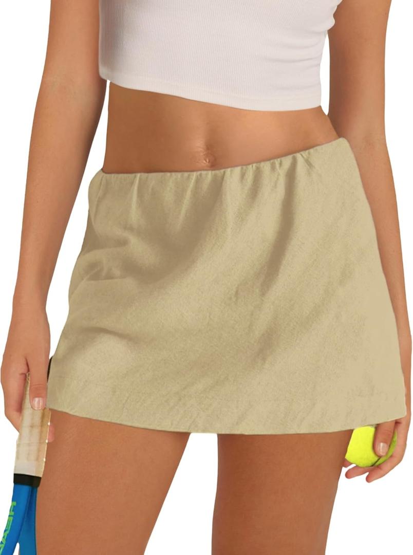 Gozoloma Women's Cotton Linen Skorts Casual Cute A-Line Micro Mini Skirts with Ruffle Inner Waistband (L)