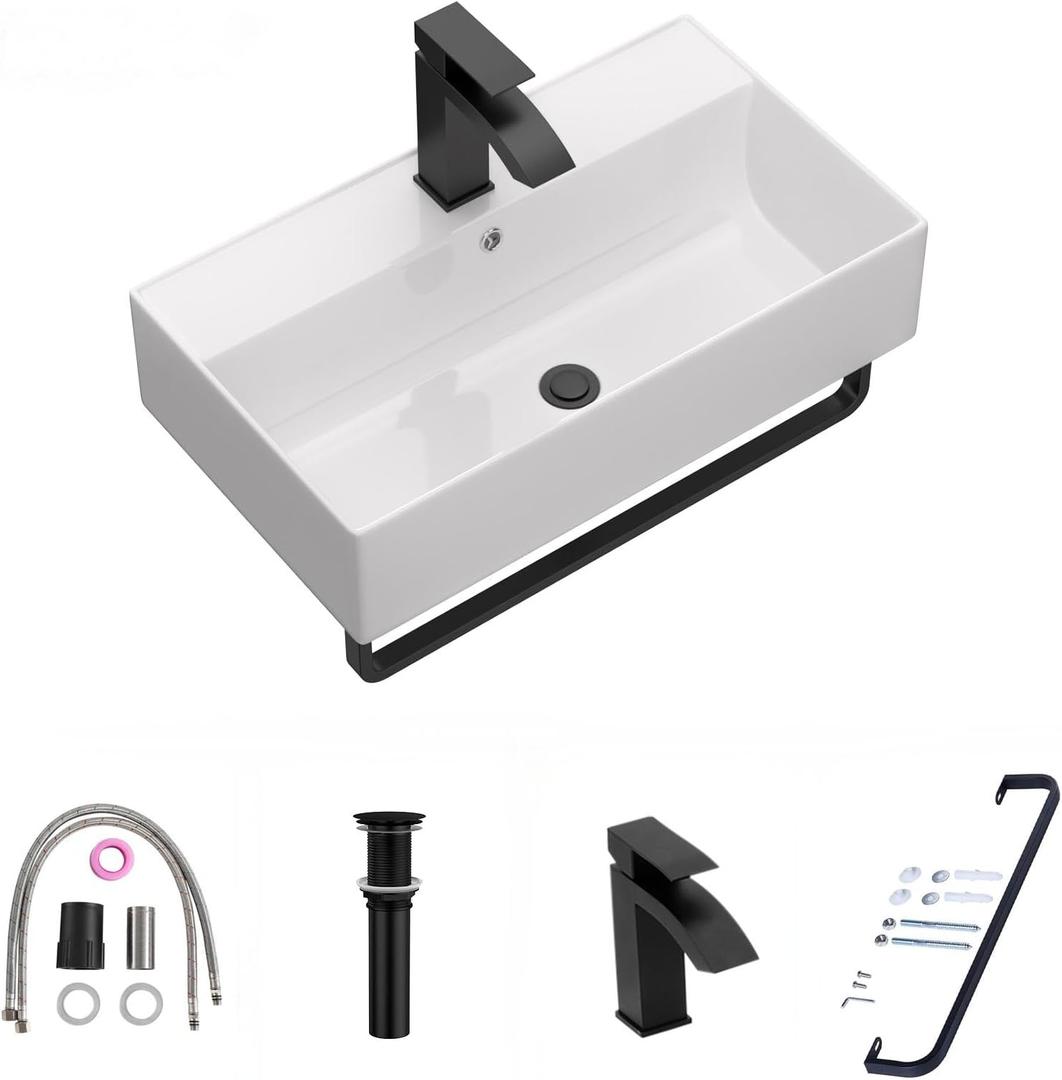 Lordear Wall Mounted Bathroom Sink with Towel Rack - 21 x 12 Inch Modern White Wall Hung Sink for Small Bathrooms, Rectangular One Hole Porcelain Vanity Sinks