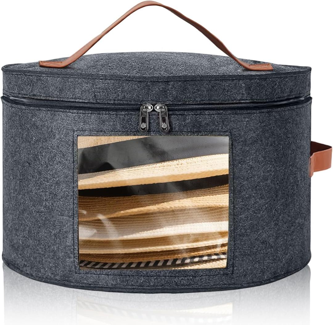 Round Hat Box, Stackable Felt Hat Boxes for Women Storage, Foldable Premium Hat Travel Case with Dustproof Lid, Space Saving Hat Organizer (Grey)
