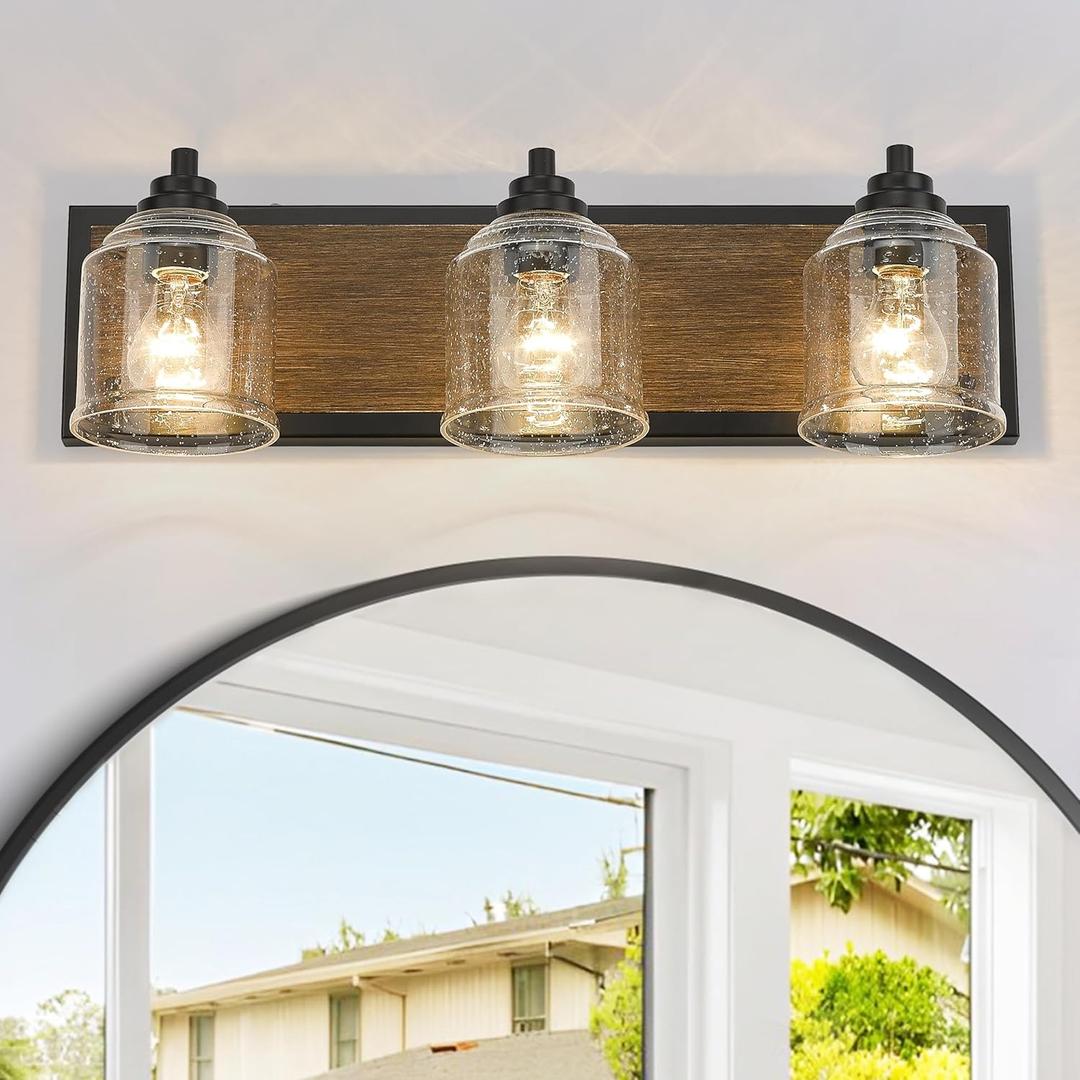 Vanity Lights for Bathroom Large 23", Farmhouse Rustic Vanity Light with Bubble Glass Shades, Brown 3 Light Bathroom Lighting Fixtures Over Mirror, Bath Wall Sconce Home Decor