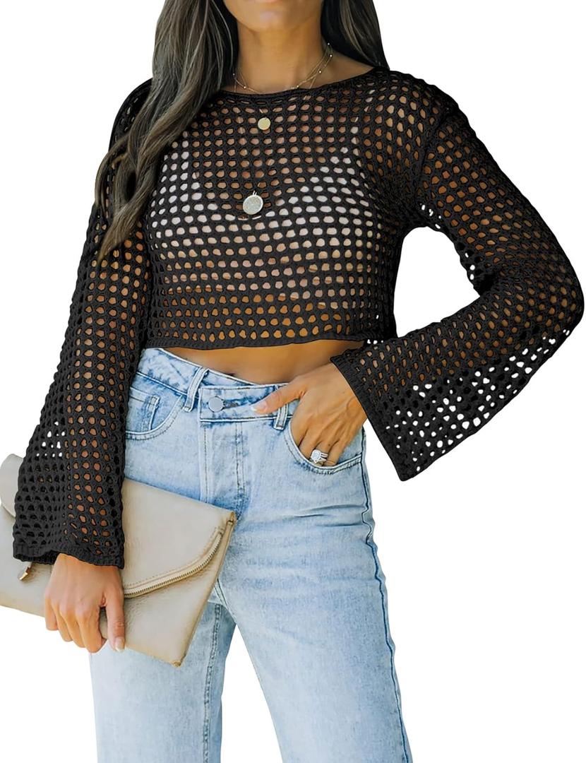 Womens Fishnet Crochet Crop Top Sexy Long Sleeve See Through Hollow Out Mesh Bikini Cover Ups (Black), XL