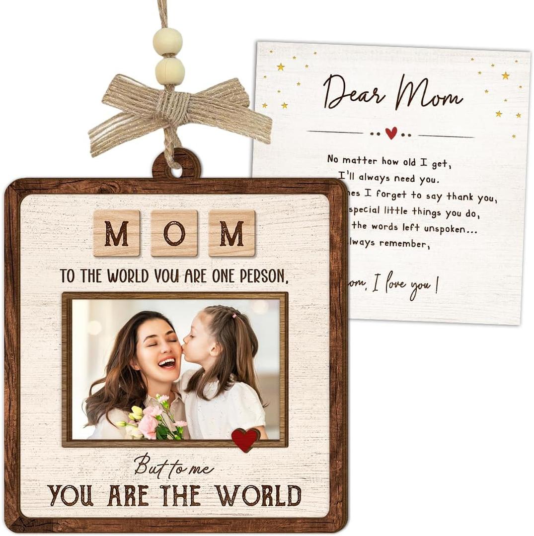 2 x Happy Birthday Mom Gifts - Mothers Day Present from Son, Daughter, Husband, Picture Frame Ornament, Wooden Car Hanging Photo Frames Holder - to The World You are a Mom Gift for Mama