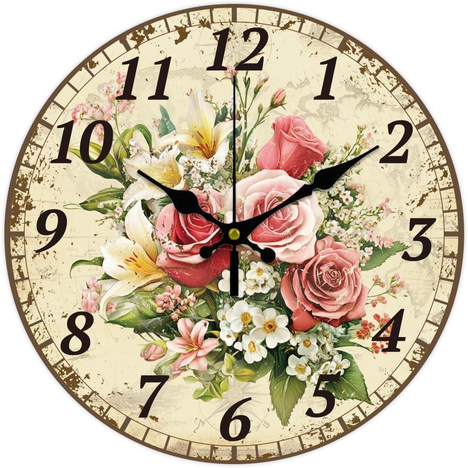 CHGCRAFT 12 Inch Wall Clock Retro Flowers Wall Clock Battery Operated Non Ticking Silent Flowers Decorative Kitchen Clock for Living Room Bedroom Home Office Decor