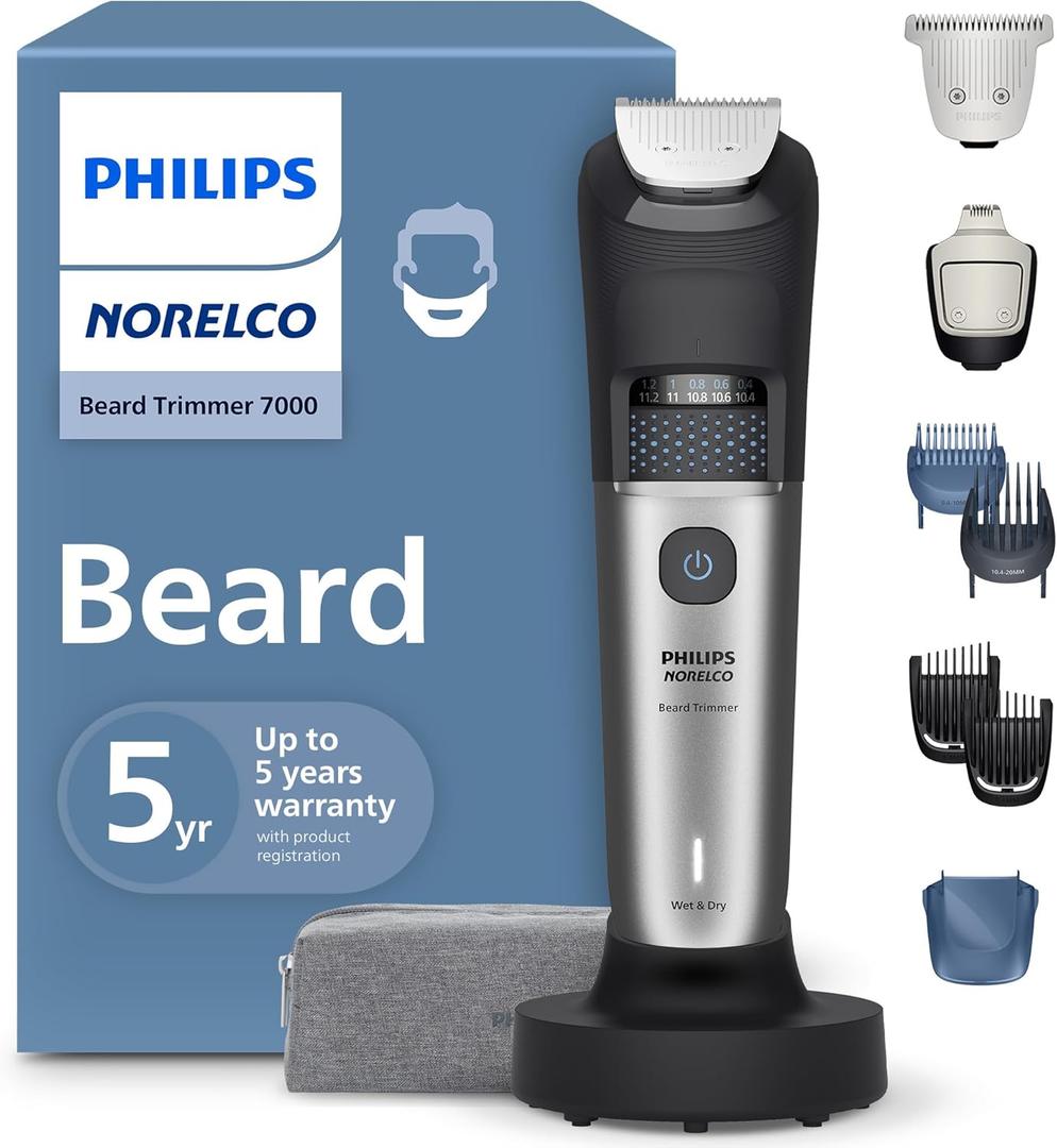 Norelco Philips Beard Trimmer 7000 Series, 100% Waterproof Trimmer for Men, 40 Lock-in Hair Length Settings, BeardSense Power Adaptability, Detail & T-Blade Trimmer Heads, Charging Stand, BT7670/40 (Black)