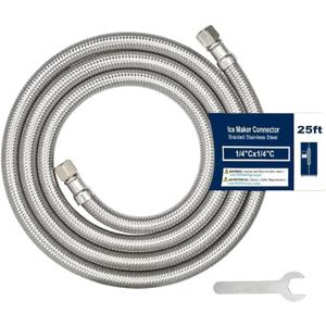 25ft Refrigerator water line with 1/4" Comp by 1/4" Comp Connection, Food grade PEX Inner Tube Fridge Water Line with Wrench, Stainless Steel Braided Ice Maker Water Hose