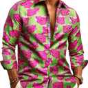 Barry.Wang Pink Mens Silk Shirt Floral Paisley Shirts for Men Victorian Gothic Designer Disco Western Casual Mexico Cowboy (S)