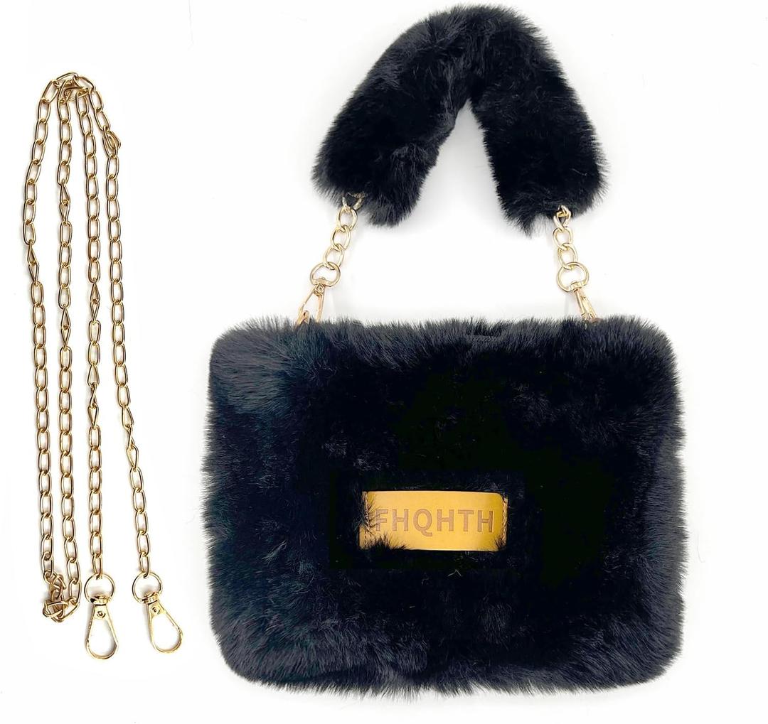 FHQHTH Fluffy Faux Fur Crossbody Bag for Women  Cute Small Purse with Chain Strap, Plush Evening Handbag & Makeup Bag (Black)