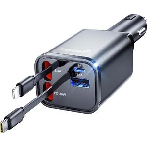 Retractable Car Charger Adapter for iPhone 17,4 in 1 Fast Charging Car Phone Charger,69W USB C Car Truck Accessories,Road Trip Essentials Gift for Men Women for iPhone 17/16/15/14/13/12,Galaxy S25