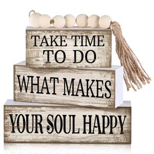 Yuntau 4 Pcs Farmhouse Tabletop Decoration Inspirational Farmhouse Tiered Tray Decor Rustic Retro Wood Bead Garland Take Time to Do What Makes Your Soul Happy Block Centerpiece Sign for Home Shelf