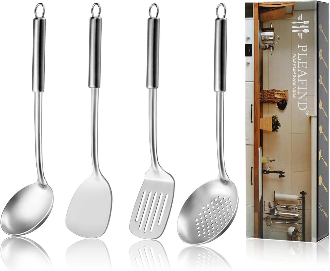 Pleafind 4-Pcs Cooking Utensils Set, Stainless Steel Kitchen Utensils, Wok Utensils Set Include Wok Ladle, Slotted Spoon, Wok Spatula and Slotted Spatula, Dishwasher Safe (4P Utensil Set-14 Inches)
