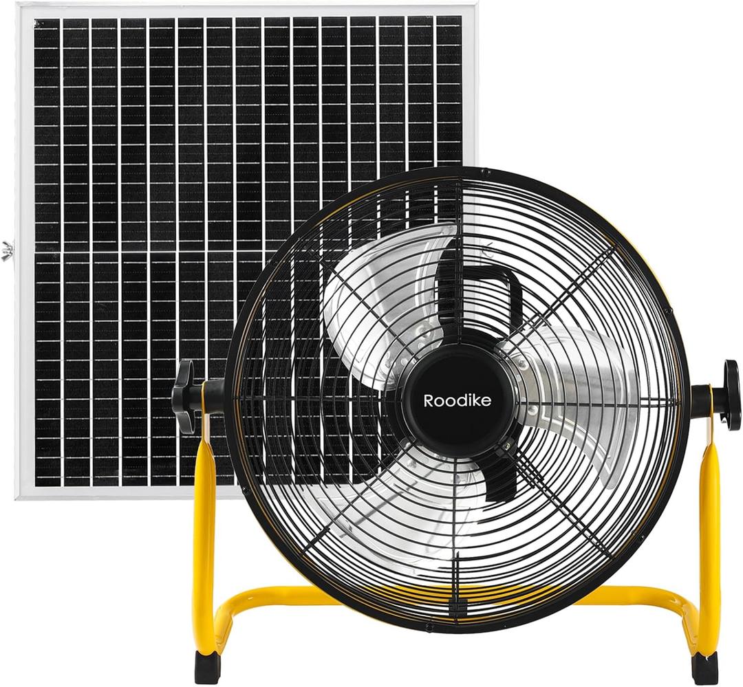 12" Solar Rechargeable Floor Fan, 35W Solar Powered Battery Operated Fans for Outdoor Garden Greenhouse Barn Stable Camping Garage Patio Air Circulation Cooling