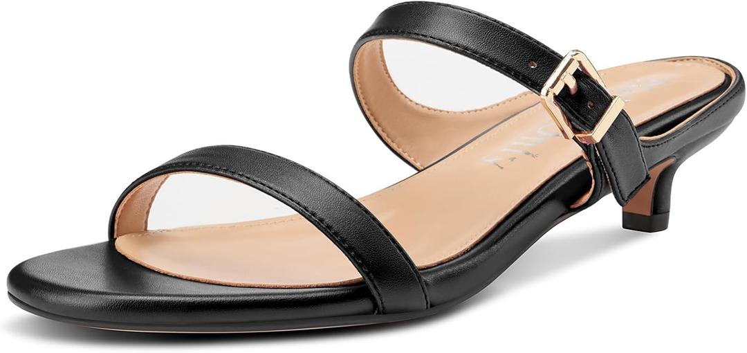 NobleOnly Two Strap Heeled Sandals for Women Kitten Heels Women Slip on Rounded Open Toe Sandals Dress Mules Sandals 1.4 Inches Heels (Black)