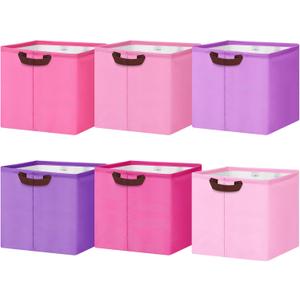 6 Pack 11 Inch Cube Storage Bins Canvas Foldable Storage Cubes with Sturdy Leather Handles Multipurpose Baskets for Closet Toys Clothes Room Decor (Bright)