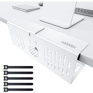 NODOCA No Drill Under Desk Cable Management Tray, 14'' Wire Management, Punch-Free Clamp on, Metal Cable Tray, Wire Organizer, Under Desk Basket for Office and Home, White