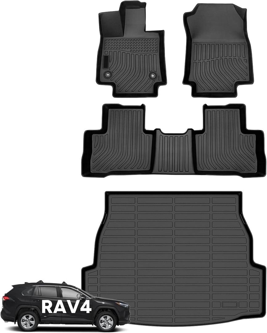 Wayhigh Floor Mats & Cargo Liner for Toyota RAV4 Hybrid 2019-2024 2025(Only Hybrid) All Weather TPE Car Mats Waterproof Heavy Duty Floor Liners Custom Fit for RAV4 Accessories- Black