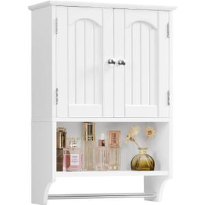 TEENFON Bathroom Wall Cabinet with Adjustable Shelves and Towel Rack, Wall Mounted Over the Toilet Storage Cabinet for Bathroom, Living Room, White UNGGX005W