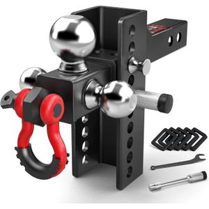 TYT Adjustable Heavy-Duty Trailer Hitch Tri-Ball Mount with Locks&Pin&Rotatable Tow Shackle, Fits 2-in Receiver, 4-1/2" Rise/Drop, 1-7/8" & 2" &2-5/16" Ball, 10000LBS GTW