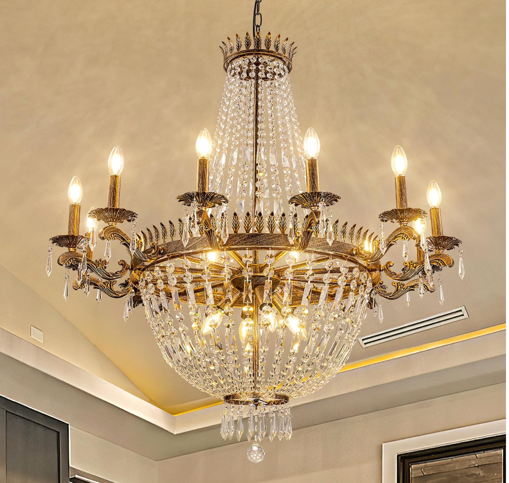 Wellmet Bronze Vintage French Empire Crystal Chandelier, 37" Dia x 41" H