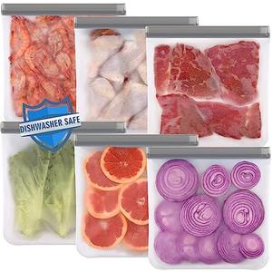 Lerine 5 Pack Reusable Gallon Freezer Bags Dishwasher Safe, BPA Free Reusable 1 Gallon Bags, Leakproof Food Storage Bags for Marinate Meats, Cereal, Vegetables, Home Organization (Gray)