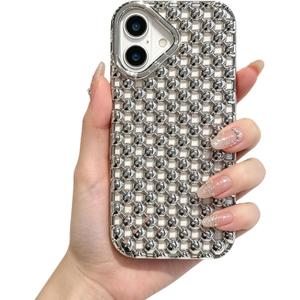 YTanazing Heat Dissipation Case for iPhone 16, Cute Glossy Chrome Electroplate Bubble Bead Pearl Phone Case Breathable Cooling Hollow Shockproof Protective Corver for Women Girls, Silver