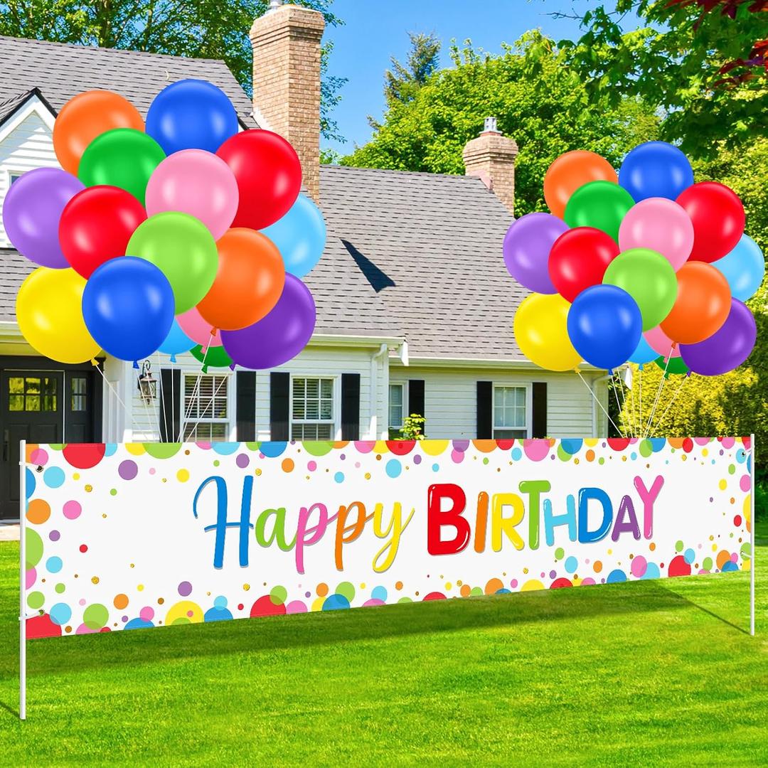 VitalCozy Large Colorful Happy Birthday Yard Banner Sign with Balloons 118 x 19.7 Inches Happy Birthday Yard Party Backdrop Banner for Outdoor Indoor Party Decorations with 2 Roll Ribbon(White)