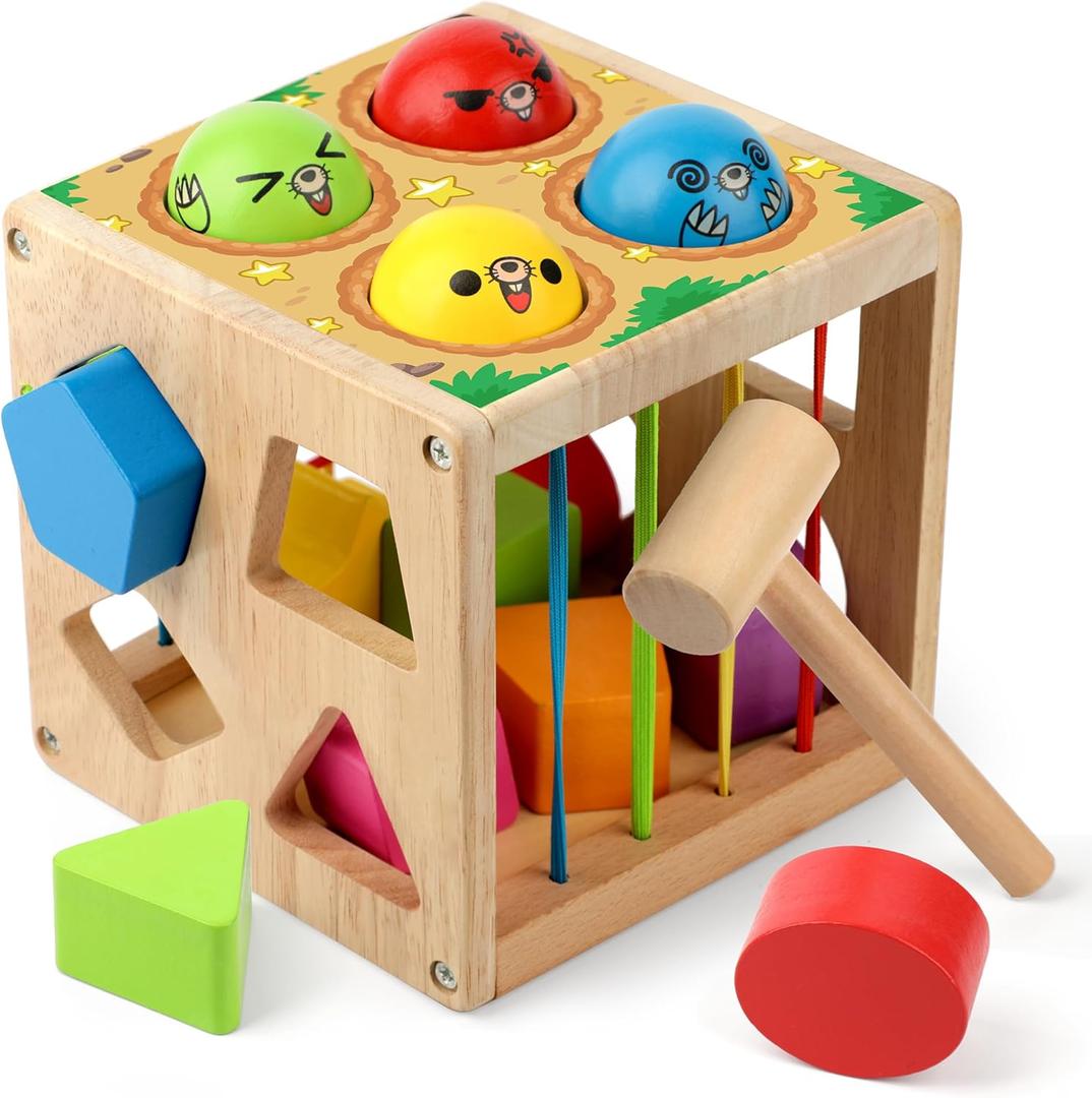 Coogam Wooden Montessori Toys for Toddlers, Shape Sorting Cube Fine Motor Skills Game for Year Old 18 Month+ Baby Boys Girls Gift