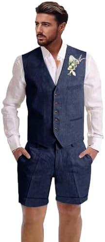 Dsteng Mens Linen Suit 2 Piece Short Suits for Men Casual Summer Beach Wedding Suit Linen Vest Shorts Set, 4XL