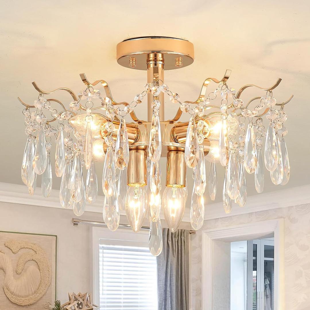 17 Semi Flush Mount Ceiling Light K9 Crystals Classic 6-Lights Brass Chandelier Modern Ceiling Lighting Fixtures for Bedroom Living Room Dining Room Kitchen Hallway, UL Listed