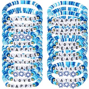 Landical 24 Pcs Hanukkah Beaded Bracelets Hanukkah Gifts Jewish Party Supplies Stack Star of David Menorah Dreidel Charm Bracelets Heishi Celebrating Gift for Women Men Christmas Holiday Party Favors