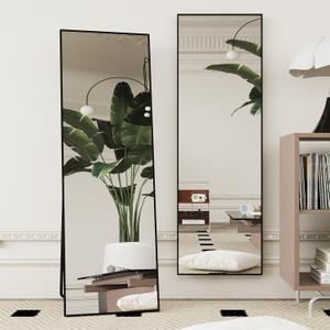 Beauty4U 59" x 16" Full Length Mirror with Stand & Wall Mount, HD Tempered Glass Full Body Mirror for Bedroom, Living Room, Dressing Room, Black Aluminum Frame