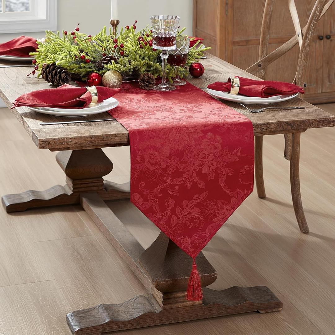 Elrene Home Fashions Poinsettia Elegance Jacquard Holiday Table Runner, 13" x 70", Red