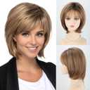 RENERSHOW Ombre Blonde Highlight Short Wigs for Women Mixed Blonde Layered Short Hair Wig with Bangs Cute Natural Synthetic Wig