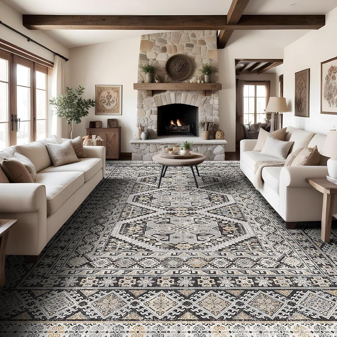 Large Rugs for Living Room: 10x14 Area Rugs Farmhouse Indoor Machine Washable Rug Non-Slip with Rubber Backed Oriental Carpets 10x14 Black (10' x 14')
