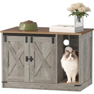 Hzuaneri Cat Litter Box Enclosure, Hidden Litter Box Cabinet Furniture with Bell, Indoor Cat House, Farmhouse Style, 31.5 x 19.7 x 20.9Inches, for Hallway, Bedroom, Light Ivory and Brown CB82405X
