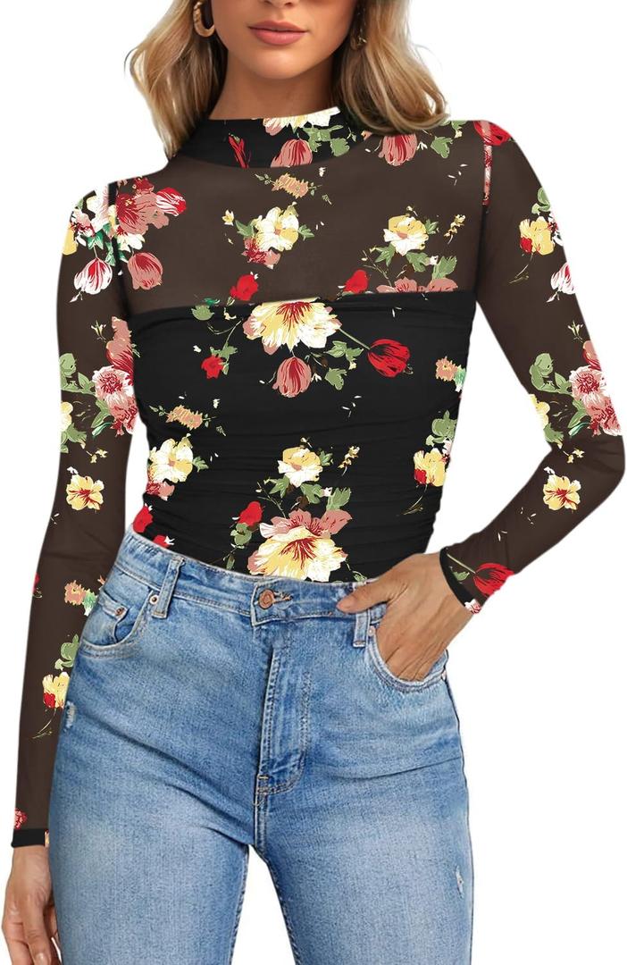Poetsky Black Tops for Women Lace Boho Floral Sexy Long Sleeve Shirts Mesh Sheer Going Out Tops Fall Clothes XXL  