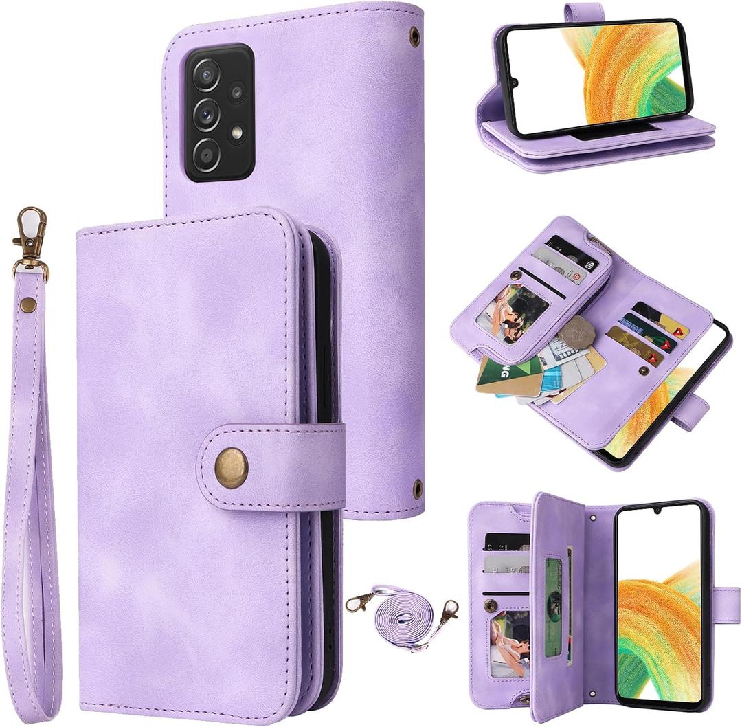 Compatible with Samsung Galaxy A33 5G Wallet Case with Crossbody Strap Multi-Function Flip Cases Credit Card Holder Kickstand Cell Folio Phone Cover for A 33 33A Girls Purple